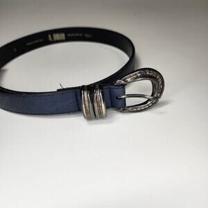 A.Brod Navy Leather Belt Size SM Blue Pewter Look Buckle & Tip Made in USA 5897